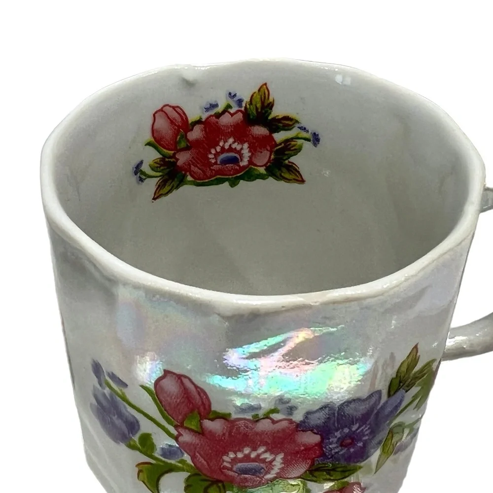 1970s WAHBEH OF CHINA LUSTERWARE PINK & PURPLE FLORAL CUPS & SAUCERS - SET OF 6